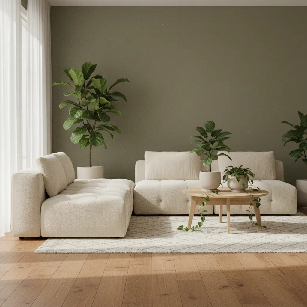 A calm workspace with a notebook, a plant and morning light coming through a window