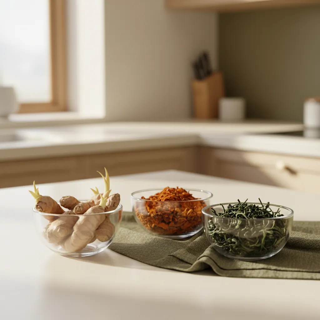 Dried herbs, turmeric root and green tea leaves in glass bowls on a kitchen bench