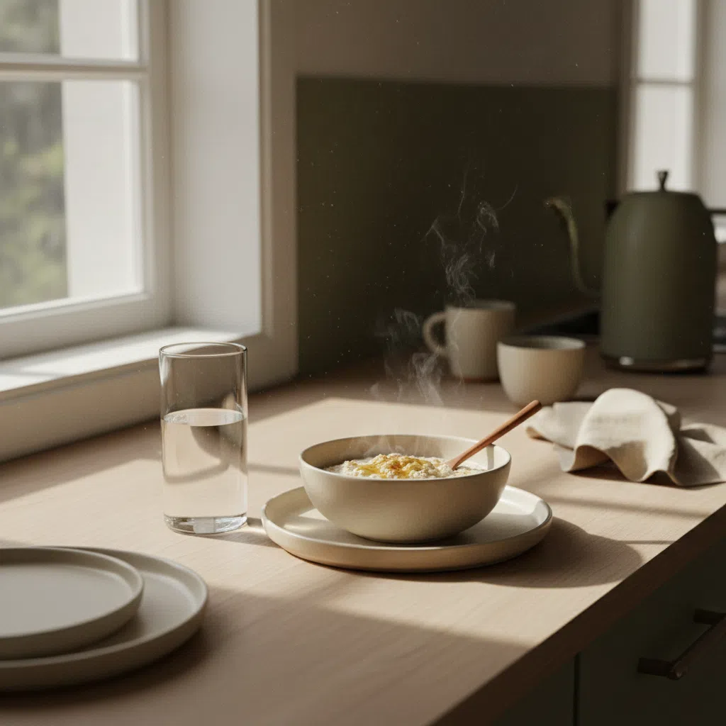 A glass of water and a light breakfast on a bright kitchen bench, morning sunlight streaming in