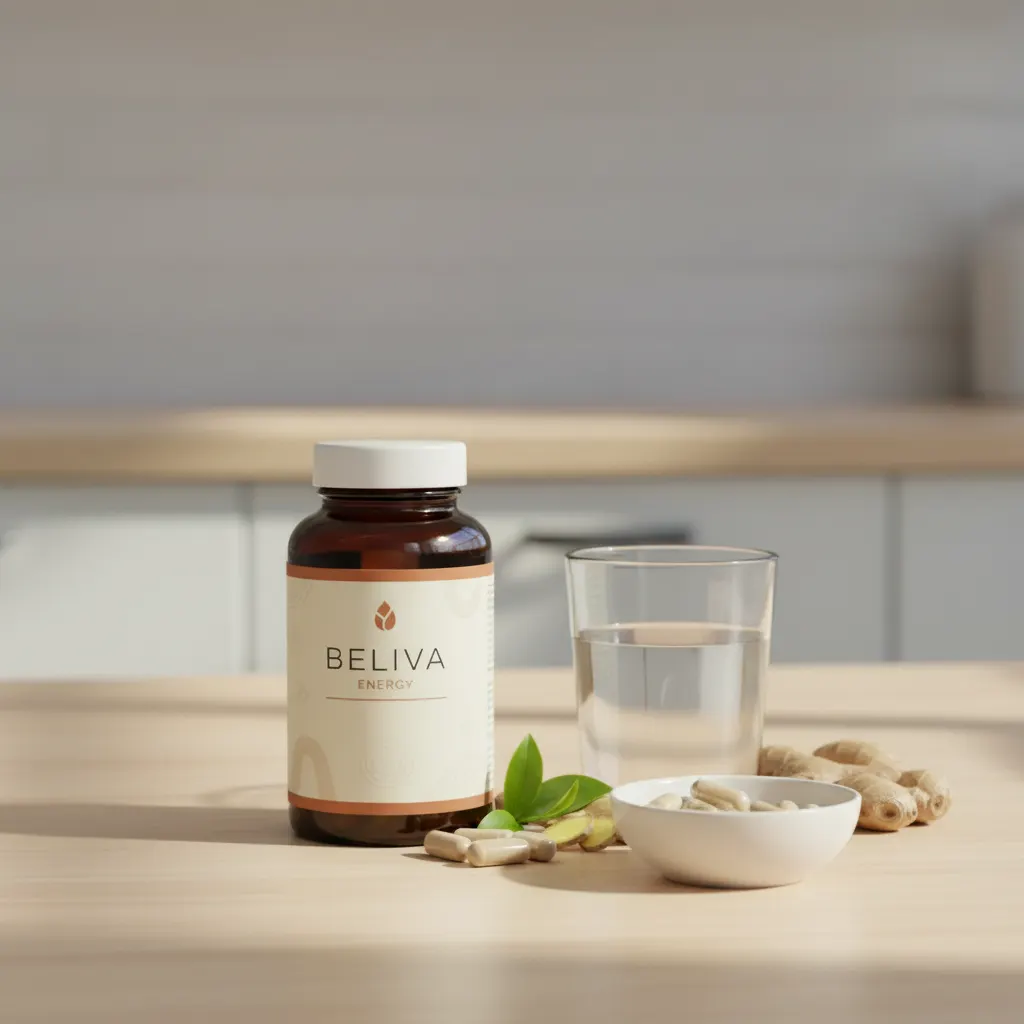Beliva Energy supplement bottle placed on a kitchen bench next to a glass of water and a small bowl of almonds